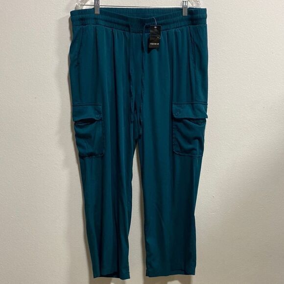 Torrid Deep‎ Teal Stretch Challis Wide Leg Cargo Pants | Size 2R (2X) | NWT - Picture 3 of 13